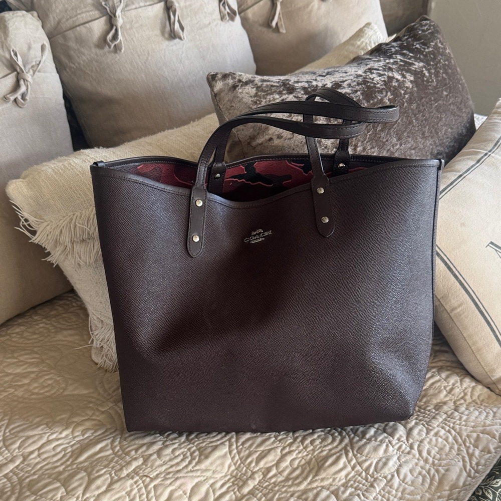 Coach Dark Brown Leather Tote with Red Interior